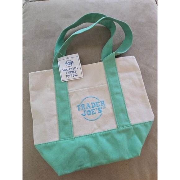 Trader Joes Mini Canvas Tote Bag Pastel Green - Picture 1 of 5